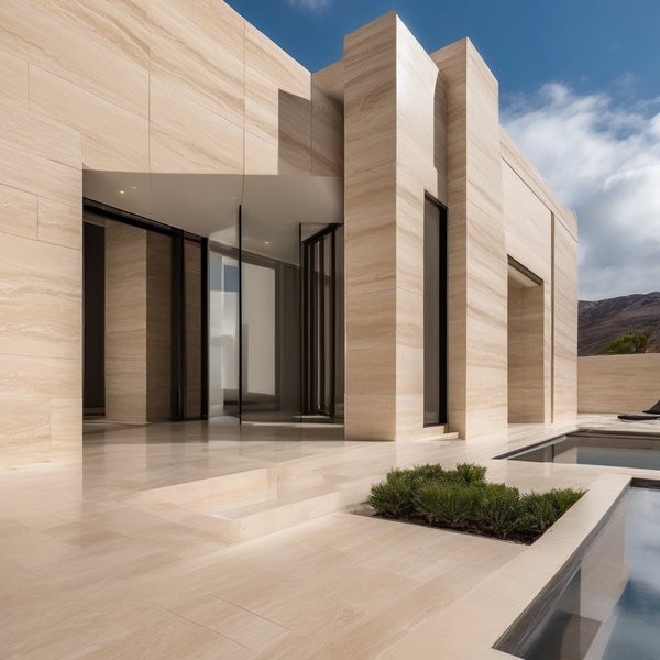 Современный фасад с облицовкой из травертина